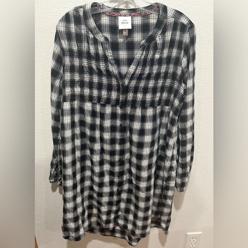 Knox Rose Black and White Checkered Button Down boho dress size‎ L